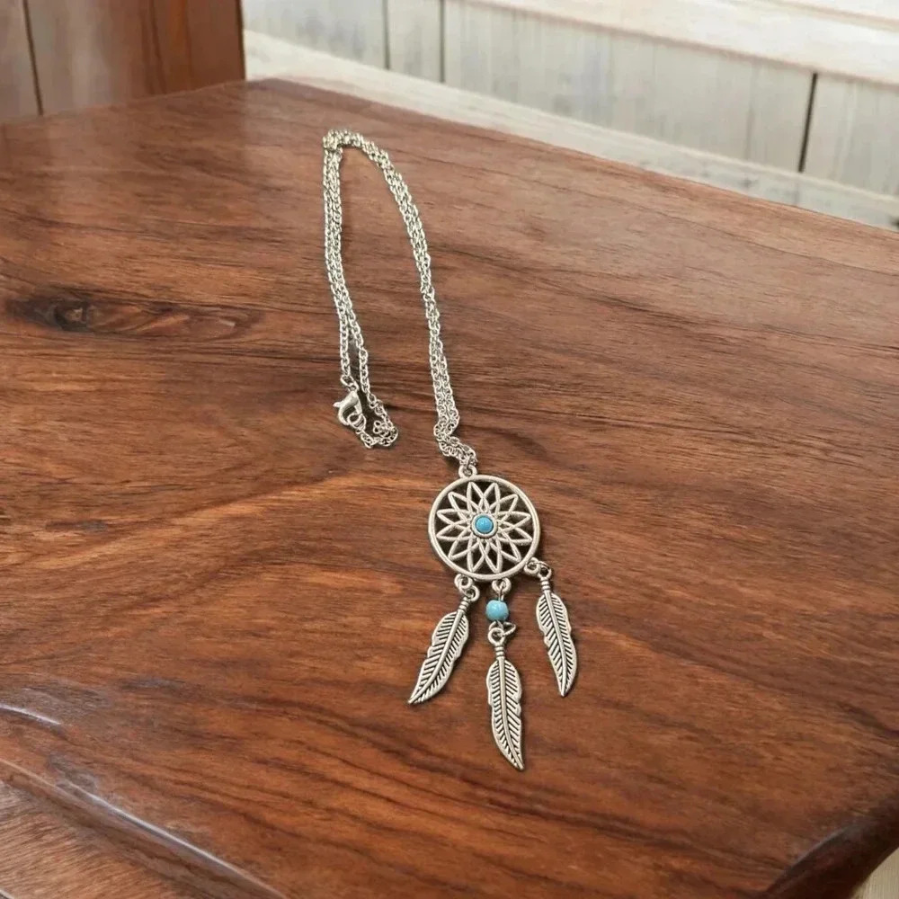 Turquoise Feather Silver Plated Chain Necklace 16$